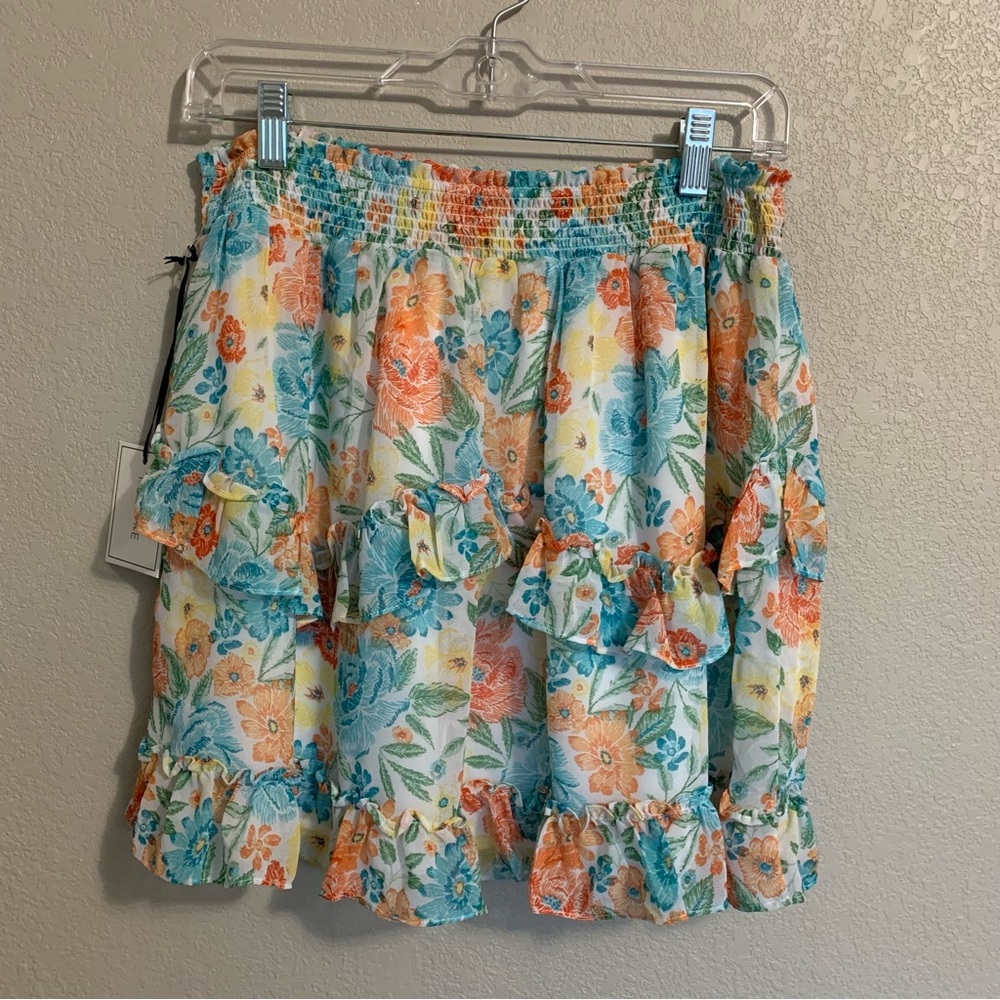 1 State Floral Tiered Mini Skirt Size Medium Colorful Blue Orange Yellow NWT